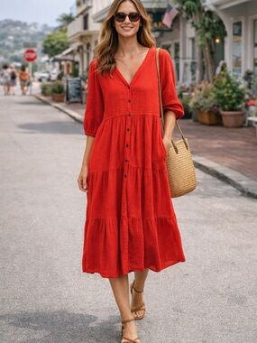 Marine Layer Red Gauze Midi Dress | Button Front | Tiered | Medium